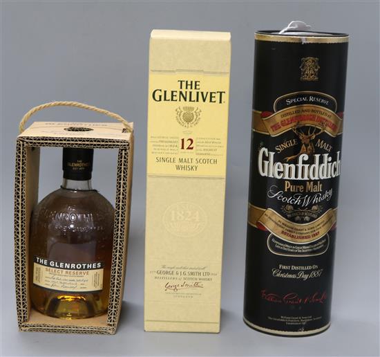 Three bottles of Whiskey Glenfiddich Special Reserve (1 ltr), The Glenlivet and The Glenrothes Special Reserve (3)